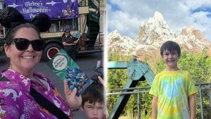 Mother and son in front of Mickey's Not So Scary Halloween Party sign Split Image with Animal Kingdom's Expedition Everest with child in front of mountain