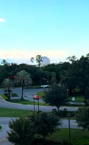 View of Spaceship Earth at EPCOT from the balcony of a Tower Studio at Disney's Riviera Resort